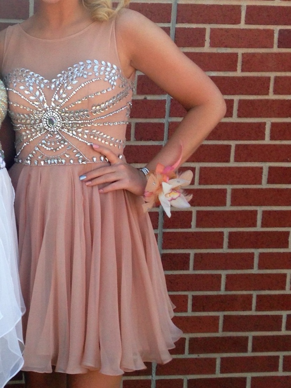 Sherri Hill size 6 beaded bodice dress sheer top prom formal tan rhinestones